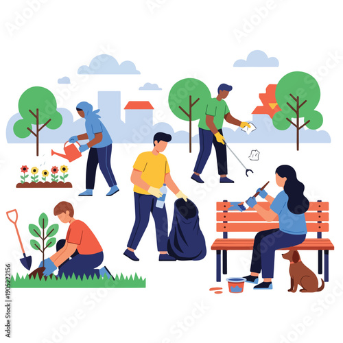 Illustration of people volunteering in a park, cleaning and planting