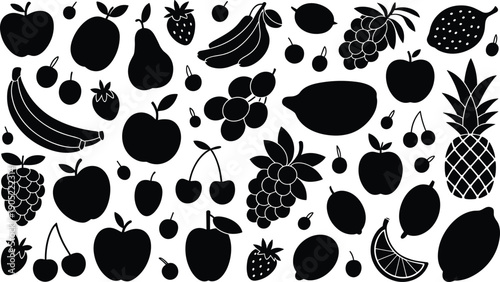 Fruit silhouettes, apples bananas cherries strawberries grapes lemons limes pears pineapples raspberries plums, healthy food icons, fresh produce illustration
