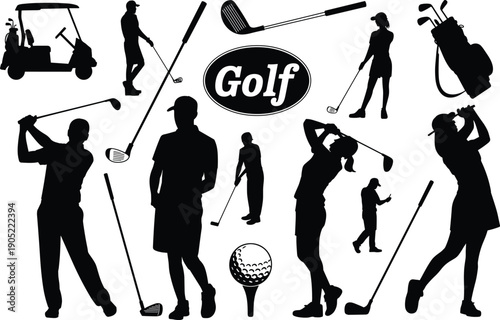 Golf silhouettes, players swinging putting, golf cart clubs ball bag, sports icons, athletic recreation illustration, competitive game design