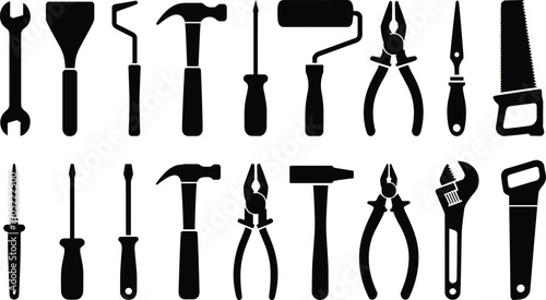 Hand tools silhouettes, wrench hammer screwdriver pliers saw file roller knife, construction repair icons, DIY equipment illustration