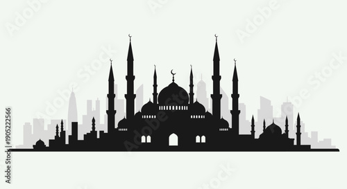 Silhouette of a mosque with minarets and a city skyline at night, depicting a Ramadan scene with a Muslim cultural theme.
