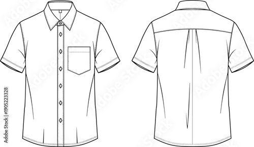 Short sleeve button shirt technical CAD drawing, front and back view, chest pocket, collar detail, flat vector template