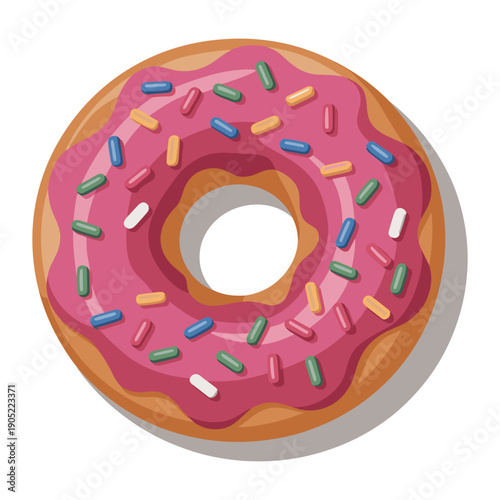 A delicious flat vector illustration of a pink glazed donut topped with colorful rainbow sprinkles