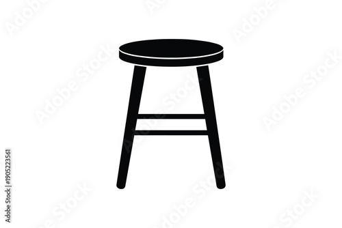 Minimalist black silhouette of a tall wooden bar stool with a round seat and footrest against a white space