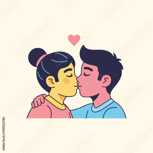 Illustration of two figures kissing beneath a pink heart, simple lines