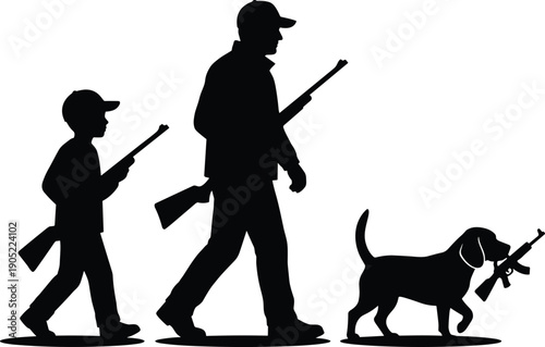 Hunter man with child and dog silhouette illustration, family hunting scene, carrying rifles, isolated white background vector