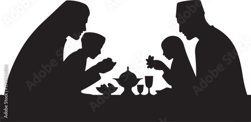 Black silhouette family eating dinner together at table with dishes and glasses