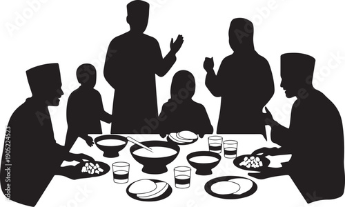Black silhouette family eating together at a table with food and drinks