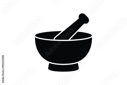 Mortar and pestle silhouette on white background, grinding herbs, medical tool, pharmacy equipment