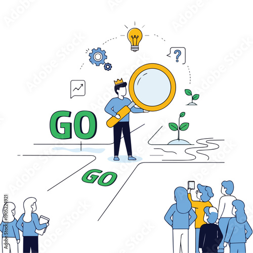 Illustration showing a person with a magnifying glass examining a crossroads