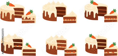 Carrot Cake Collection with Cream Frosting and Slice Pieces Flat Vector Illustration Set