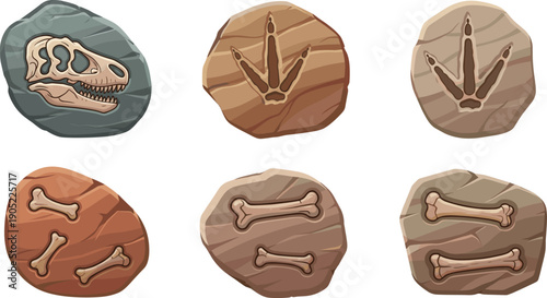 Dinosaur Fossil and Footprint Collection Prehistoric Bones Flat Vector Illustration Set