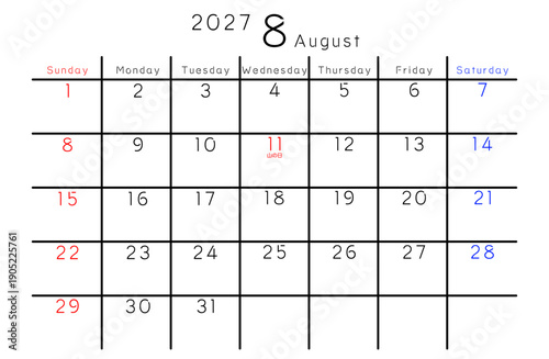 2027年シンプルカレンダー 8月　曜日英語