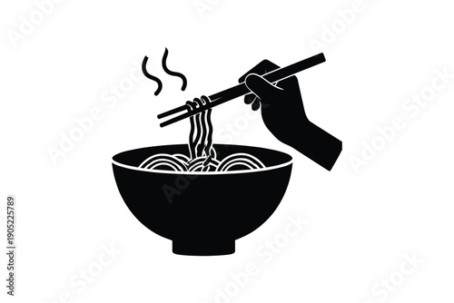 Chopsticks lifting steaming noodles from bowl representing asian cuisine and popular fast food dish
