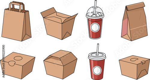Paper Food Packaging Box and Drink Cup Collection Takeaway Container Flat Vector Illustration Set