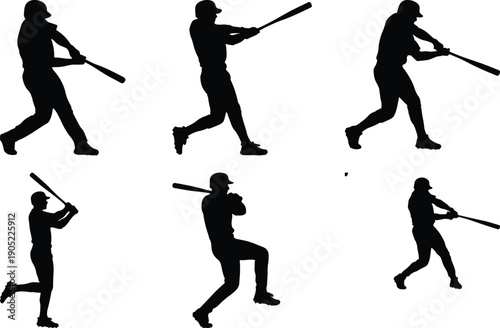 Baseball player silhouettes in action, hitting and running.