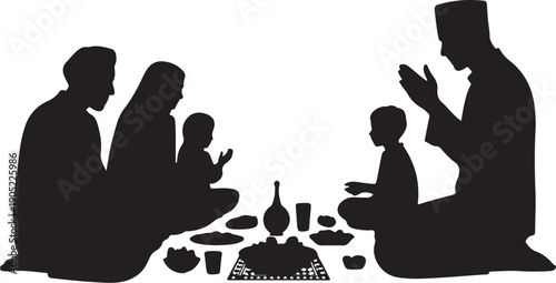 Family praying together during iftar meal silhouette
