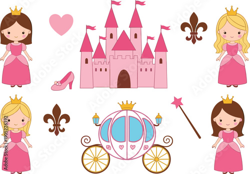 Cute princess character vector set with fairy tale castle, carriage and magical elements for children illustration