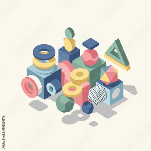 Isometric, colorful collection of 3D geometric shapes with cast shadows