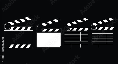 Film Clapperboard Set in Different Positions for Movie Production Isolated on Black Background Vector Illustration