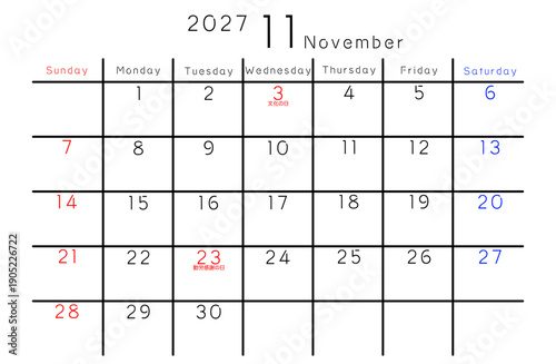 2027年シンプルカレンダー 11月　曜日英語