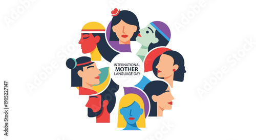 Illustration of diverse people celebrating International Mother Language Day with a colorful, multilingual design conveying cultural heritage and linguistic diversity.