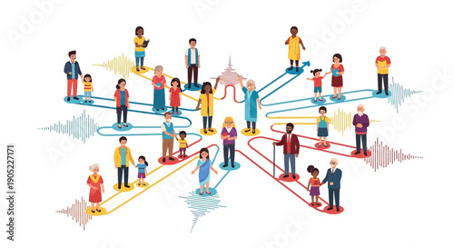Illustration of diverse people connected by colorful lines, symbolizing linguistic diversity and multilingualism on International Mother Language Day with a vibrant, celebratory mood.