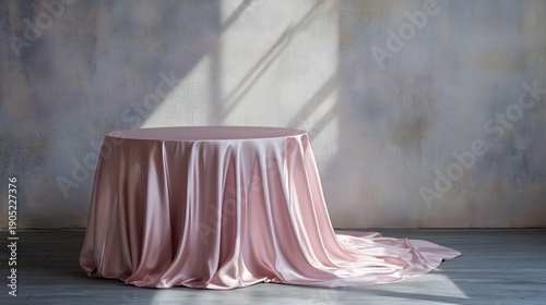 Pink satin tablecloth draped over round table with shadows