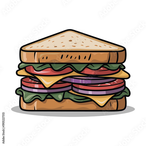 Vibrant flat vector illustration of a delicious double decker club sandwich with cheese and vegetables