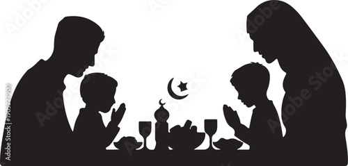 Family silhouette praying at dinner table with Islamic crescent