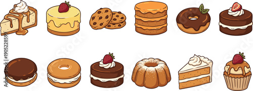 Cute dessert illustration set cakes donuts cookies cupcakes sweets bakery food cartoon isolated white background