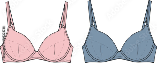 Women's bra set mockup, front views, flat vector CAD drawing, blank lingerie template, realistic undergarment apparel illustration design