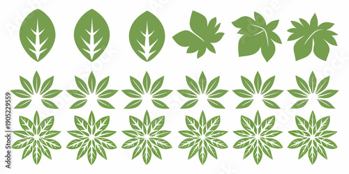 Collection of stylized green leaves in various shapes and arrangements