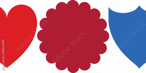 Three colorful shapes a heart a scalloped circle and an arrowhead