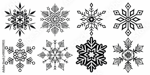 Variety of intricately designed black and white snowflakes in a collection