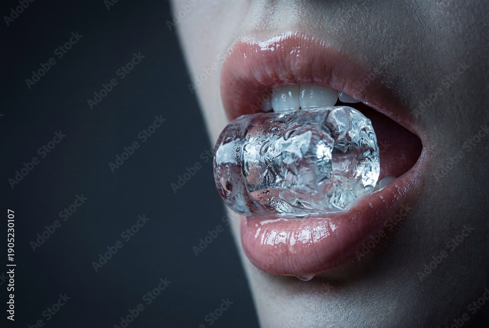 Obraz premium Close up of woman lips holding a clear ice cube in mouth
