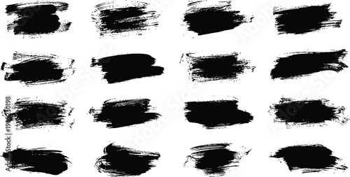 Collection of 16 rough black paint brush strokes