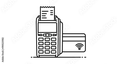 Line art icon representing a wireless credit card transaction with a receipt printing from the terminal