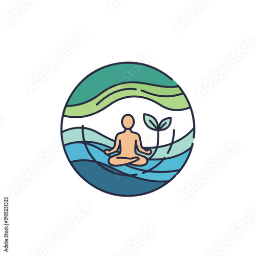 Meditating figure in a circle with water and plants