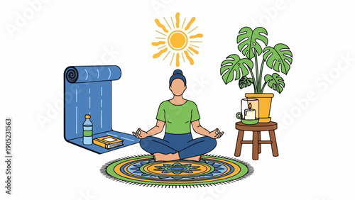 Meditating figure sits with yoga mat, sun, plants, candle, and a rug