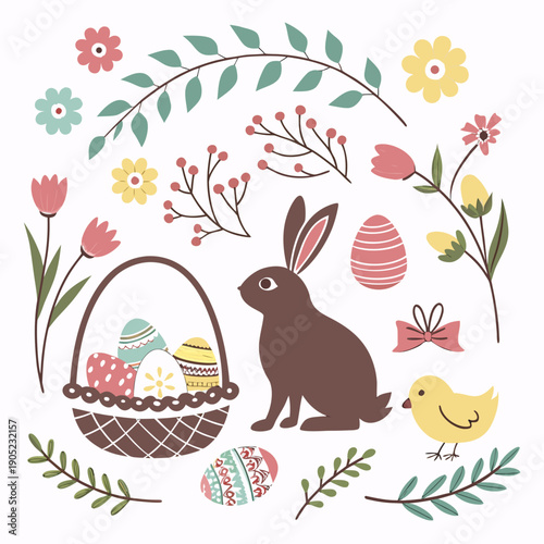 Large Collection of Easter Graphic Elements Including Rabbits, Eggs, and Flowers for Festive Seasonal Greeting Cards and Posters