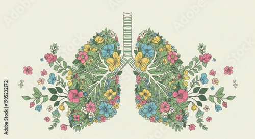Human lungs with colorful flowers and leaves symbolizing health and wellness on a light green background