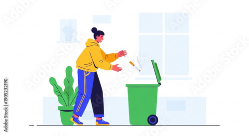 Woman throwing paper into green recycling bin beside cactus plant