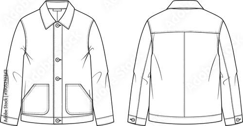 Button front jacket technical CAD drawing, front and back view, patch pockets, collar detail, flat vector apparel template
