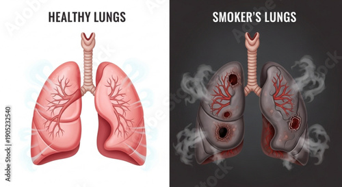 Healthy lungs vs smoker's lungs comparison illustration