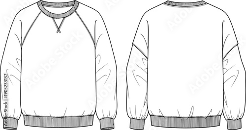 Crewneck sweatshirt mockup, front and back view, flat vector CAD drawing, blank pullover template, realistic apparel illustration design