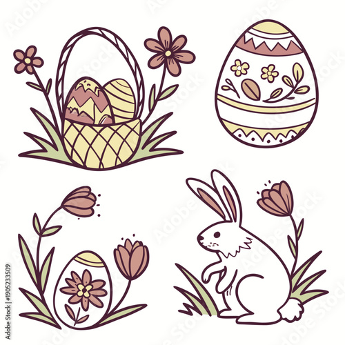 Hand-Drawn Easter Badge and Sticker Collection with Imperfect Ink Lines and Rustic Illustration Style for Whimsical Crafts