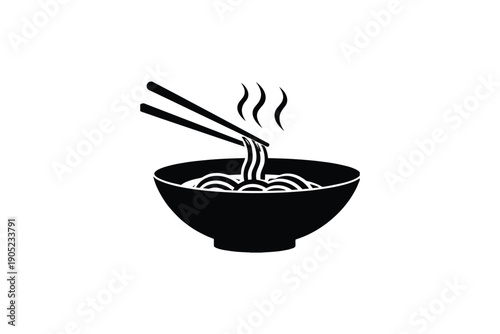 Monochromatic illustration of steaming noodles in a bowl with chopsticks, ready to be eaten