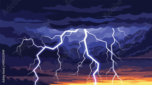 Pixelated artwork depicts a stormy sky with bright, striking lightning