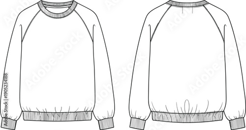 Crewneck sweatshirt technical fashion flat sketch, front and back view, casual apparel design template, pullover garment outline vector